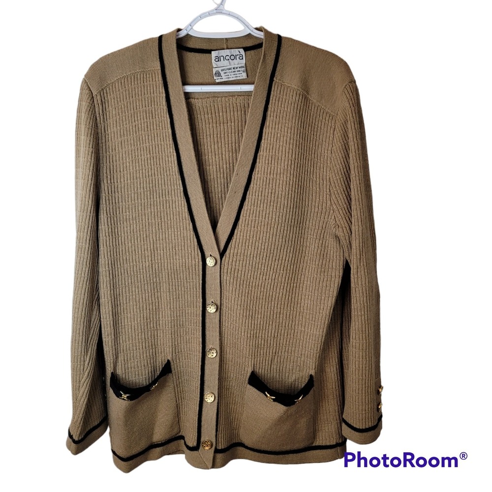 Ancora Vintage Wool Womens Ribbed Cardigan Sweater Sz 14 Buttons & Front Pockets